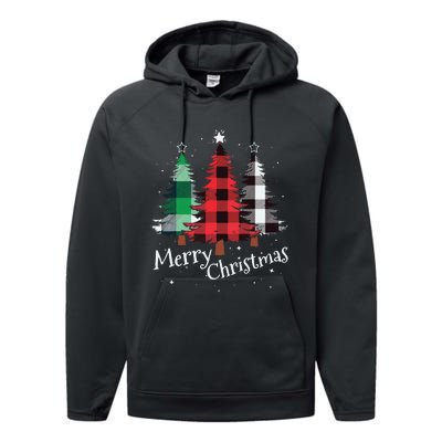 Merry Christmas Three Xmas Trees Buffalo Plaid Woman Gift Performance Fleece Hoodie