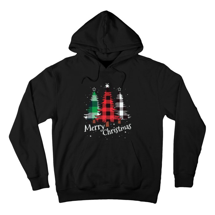 Merry Christmas Three Xmas Trees Buffalo Plaid Woman Gift Hoodie