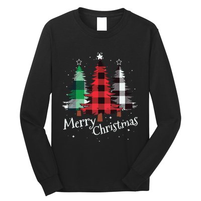 Merry Christmas Three Xmas Trees Buffalo Plaid Woman Gift Long Sleeve Shirt