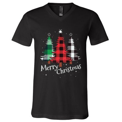 Merry Christmas Three Xmas Trees Buffalo Plaid Woman Gift V-Neck T-Shirt