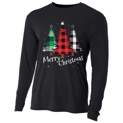 Merry Christmas Three Xmas Trees Buffalo Plaid Woman Gift Cooling Performance Long Sleeve Crew