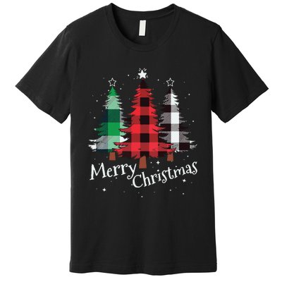 Merry Christmas Three Xmas Trees Buffalo Plaid Woman Gift Premium T-Shirt