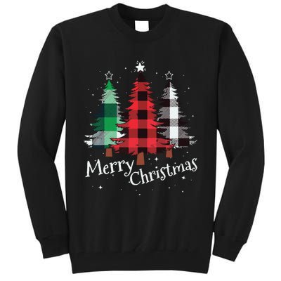 Merry Christmas Three Xmas Trees Buffalo Plaid Woman Gift Tall Sweatshirt