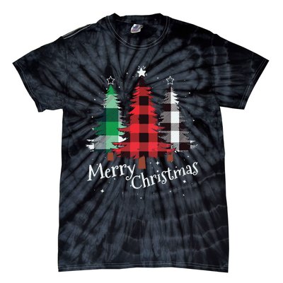 Merry Christmas Three Xmas Trees Buffalo Plaid Woman Gift Tie-Dye T-Shirt