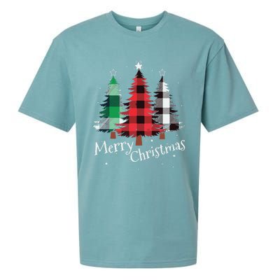 Merry Christmas Three Xmas Trees Buffalo Plaid Woman Gift Sueded Cloud Jersey T-Shirt