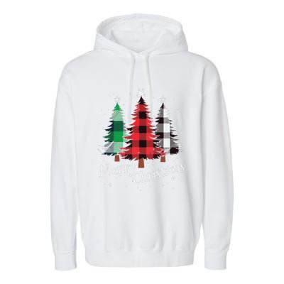 Merry Christmas Three Xmas Trees Buffalo Plaid Woman Gift Garment-Dyed Fleece Hoodie