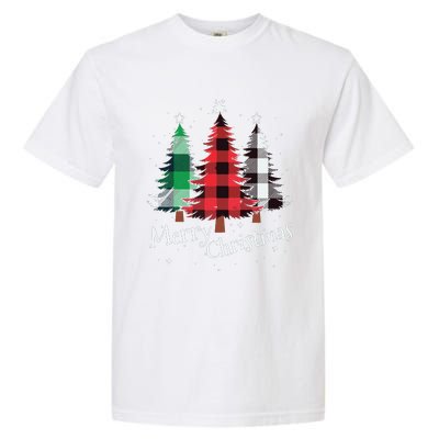 Merry Christmas Three Xmas Trees Buffalo Plaid Woman Gift Garment-Dyed Heavyweight T-Shirt