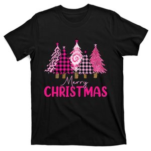 Merry Christmas Trees Leopard Buffalo Plaid Pink T-Shirt