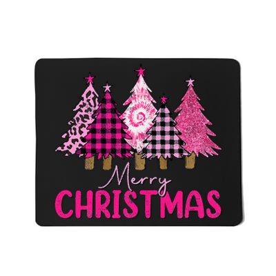 Merry Christmas Trees Leopard Buffalo Plaid Pink Mousepad