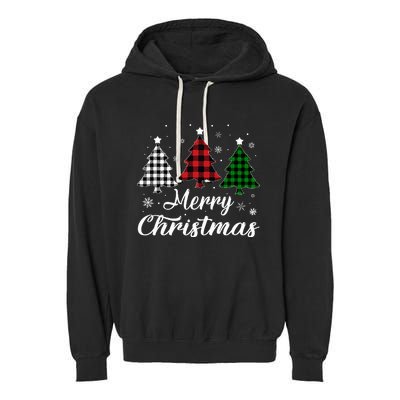 Merry Christmas Tree Xmas Buffalo Plaid Red White Green  Garment-Dyed Fleece Hoodie