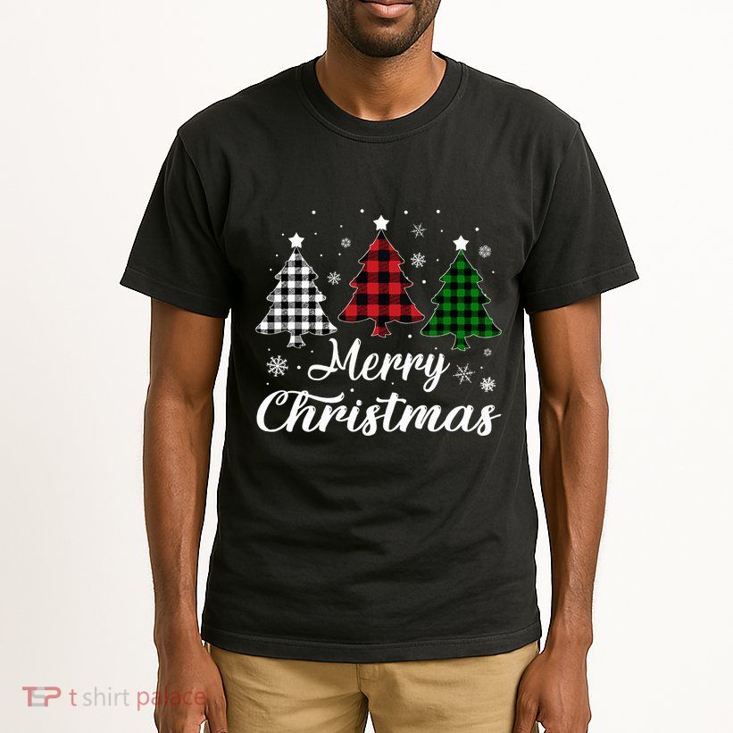 Merry Christmas Tree Xmas Buffalo Plaid Red White Green  Tall T-Shirt