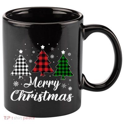 Merry Christmas Tree Xmas Buffalo Plaid Red White Green  11oz C Handle Ceramic Mug