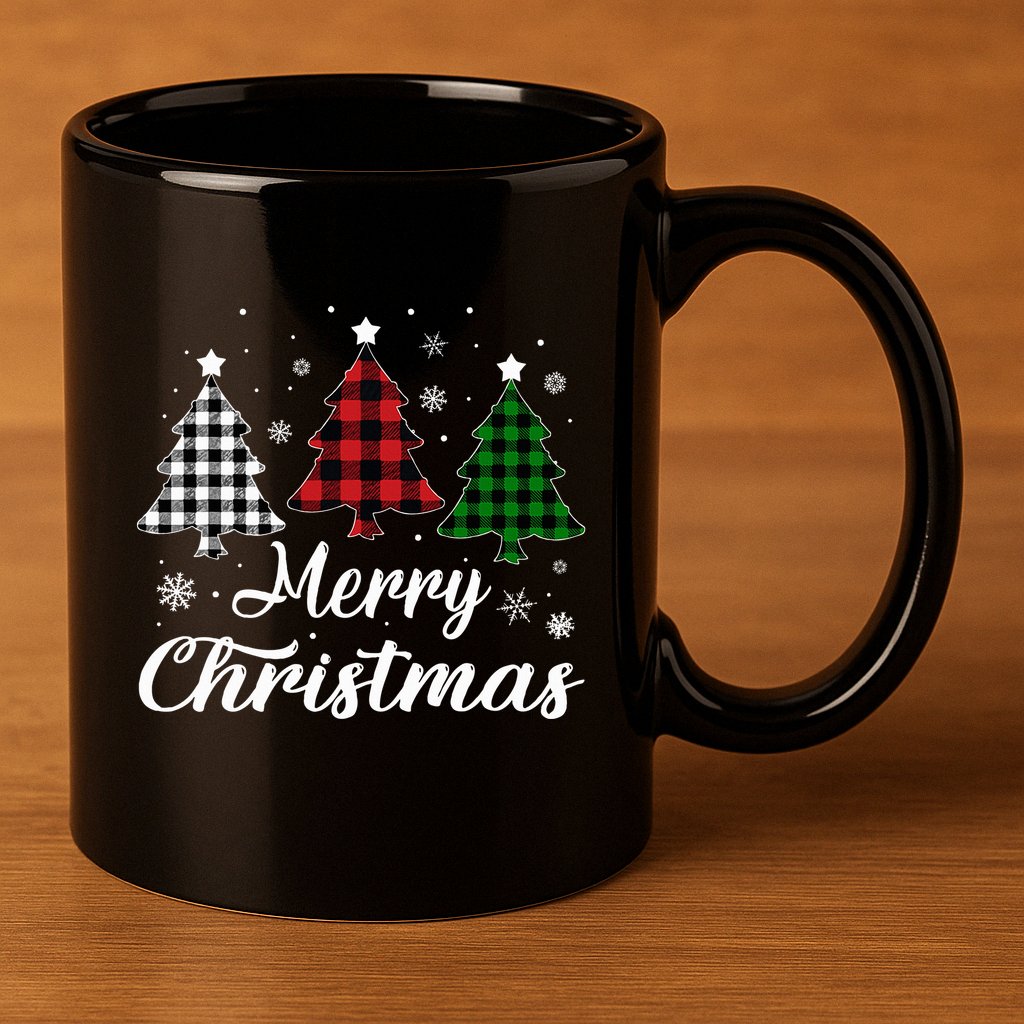 Merry Christmas Tree Xmas Buffalo Plaid Red White Green  11oz C Handle Ceramic Mug