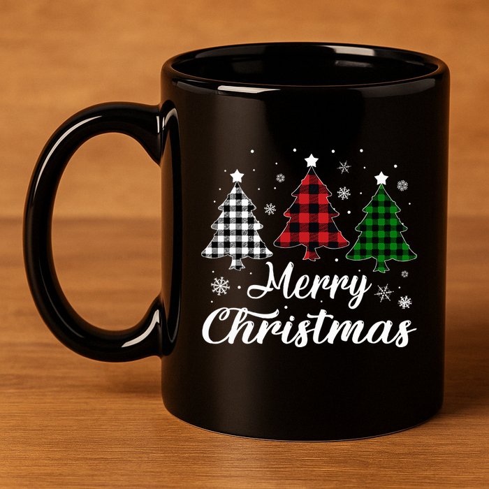 Merry Christmas Tree Xmas Buffalo Plaid Red White Green  11oz C Handle Ceramic Mug