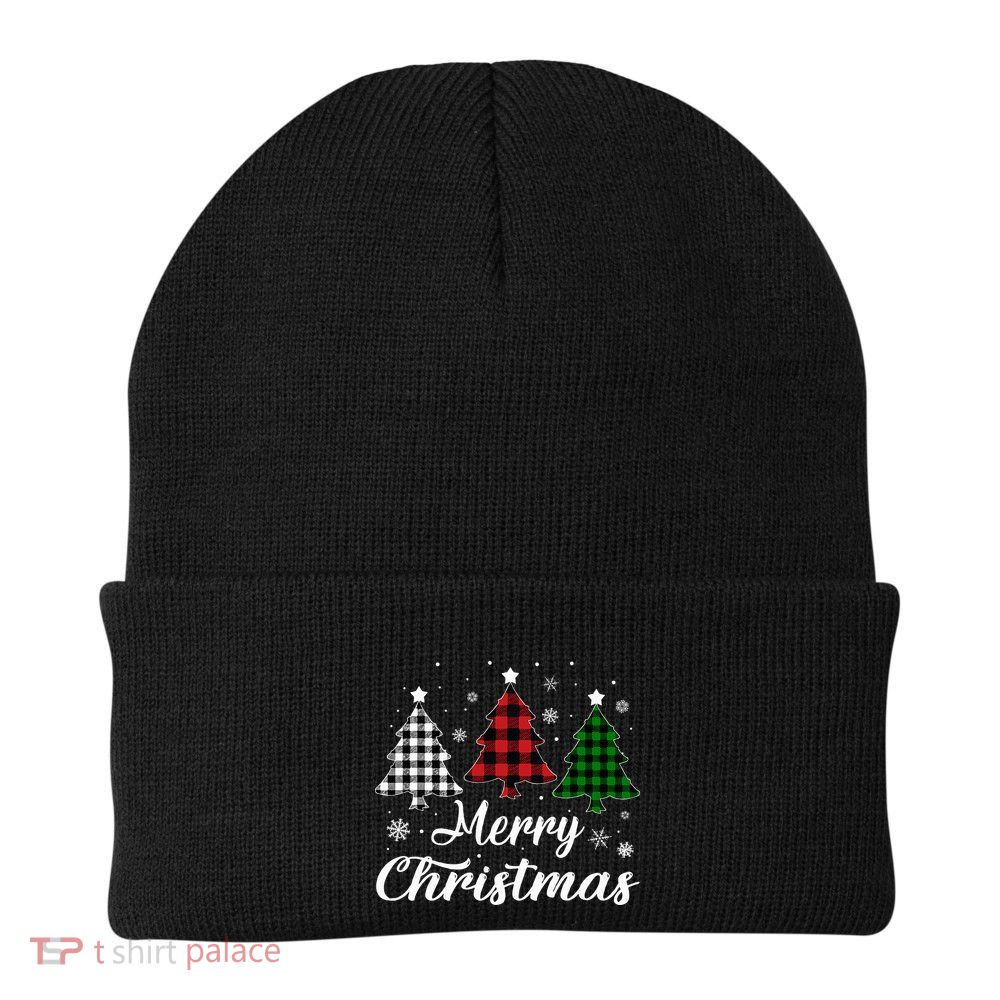Merry Christmas Tree Xmas Buffalo Plaid Red White Green  Beanie