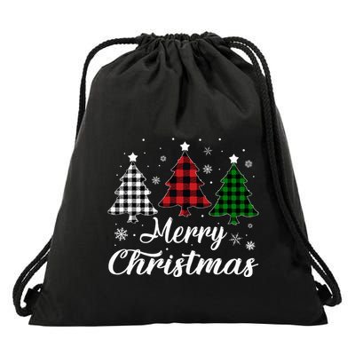Merry Christmas Tree Xmas Buffalo Plaid Red White Green  Drawstring Bag