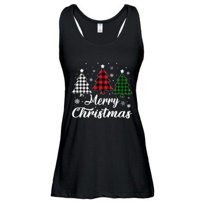 Merry Christmas Tree Xmas Buffalo Plaid Red White Green  Ladies Essential Flowy Tank