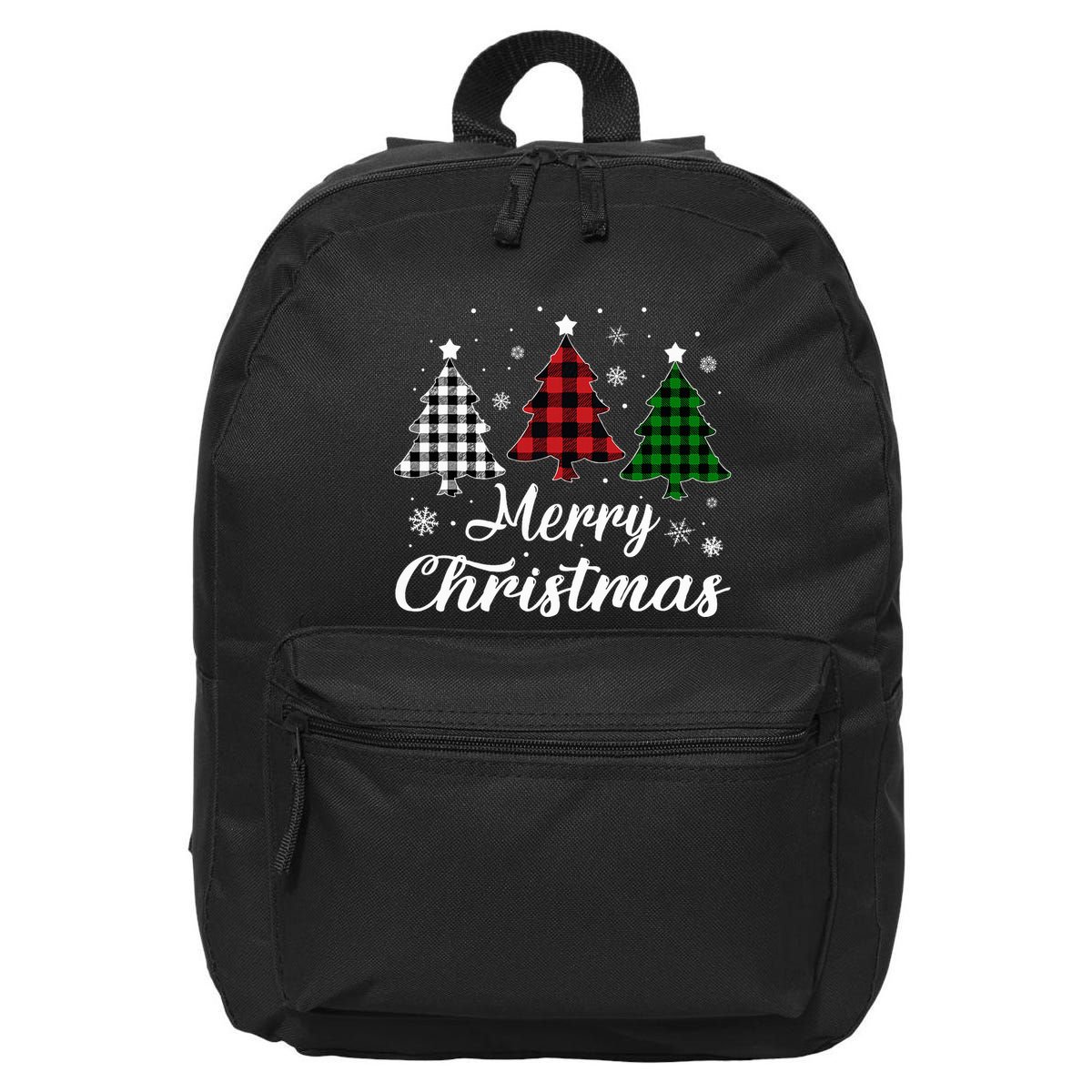Merry Christmas Tree Xmas Buffalo Plaid Red White Green  16 in Basic Backpack