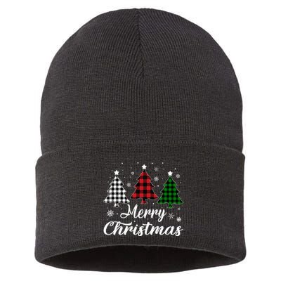 Merry Christmas Tree Xmas Buffalo Plaid Red White Green  Sustainable Knit Beanie