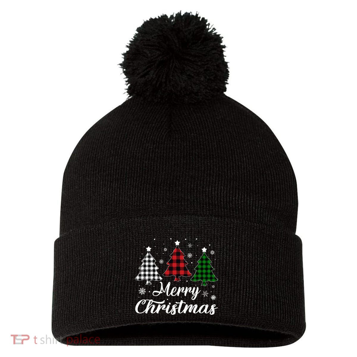 Merry Christmas Tree Xmas Buffalo Plaid Red White Green  Pom Pom 12in Knit Beanie