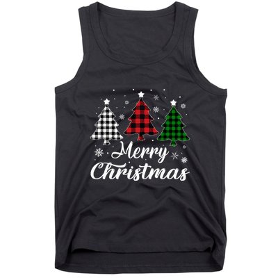 Merry Christmas Tree Xmas Buffalo Plaid Red White Green  Tank Top