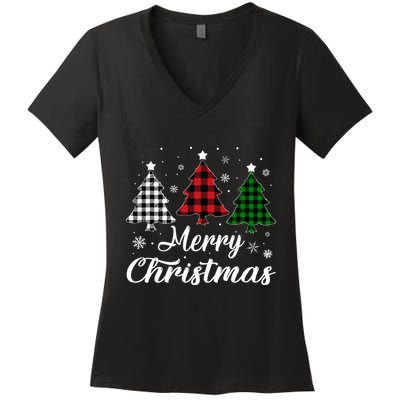 Merry Christmas Tree Xmas Buffalo Plaid Red White Green  Women's V-Neck T-Shirt
