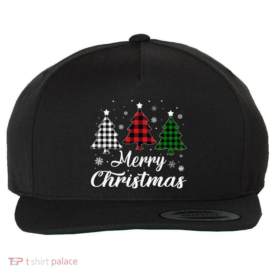 Merry Christmas Tree Xmas Buffalo Plaid Red White Green  Wool Snapback Cap