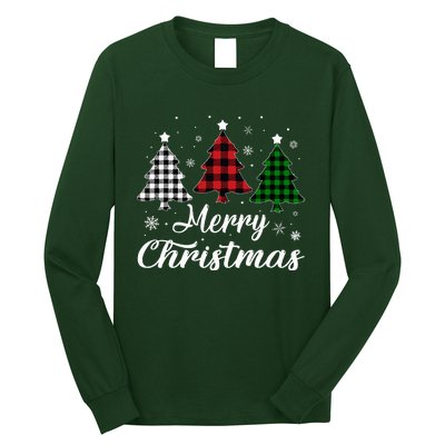 Merry Christmas Tree Xmas Buffalo Plaid Red White Green  Long Sleeve Shirt