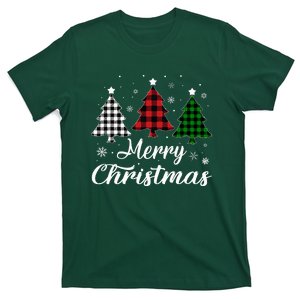 Merry Christmas Tree Xmas Buffalo Plaid Red White Green  T-Shirt