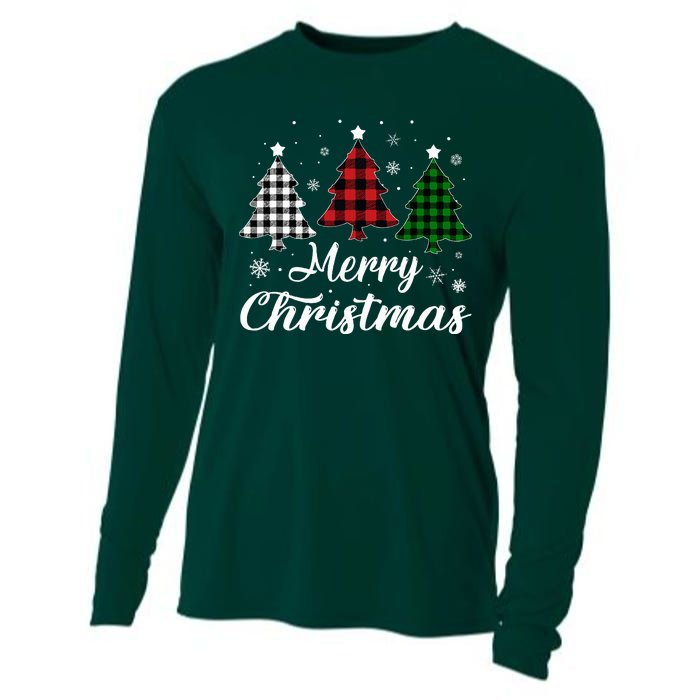 Merry Christmas Tree Xmas Buffalo Plaid Red White Green  Cooling Performance Long Sleeve Crew