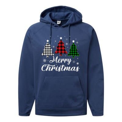 Merry Christmas Tree Xmas Buffalo Plaid Red White Green  Performance Fleece Hoodie