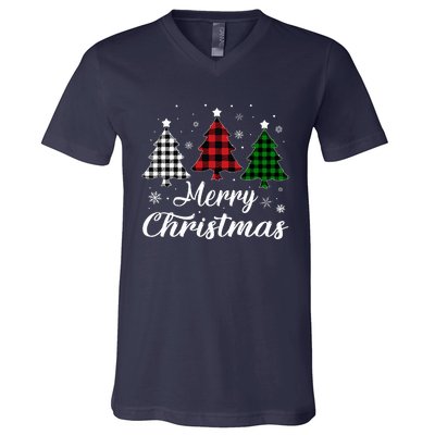 Merry Christmas Tree Xmas Buffalo Plaid Red White Green  V-Neck T-Shirt