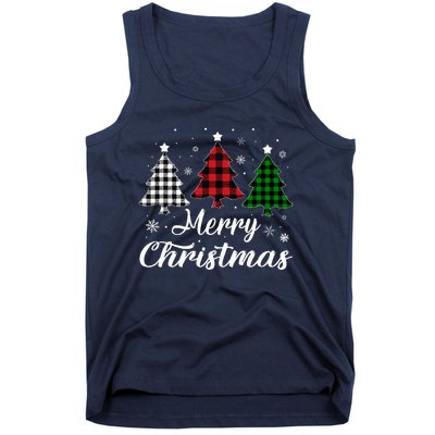 Merry Christmas Tree Xmas Buffalo Plaid Red White Green  Tank Top