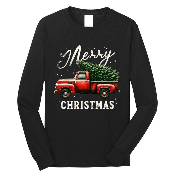 Merry Christmas Tree On Red Truck Wagon Vintage Xmas Long Sleeve Shirt