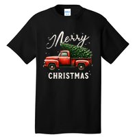 Merry Christmas Tree On Red Truck Wagon Vintage Xmas Tall T-Shirt