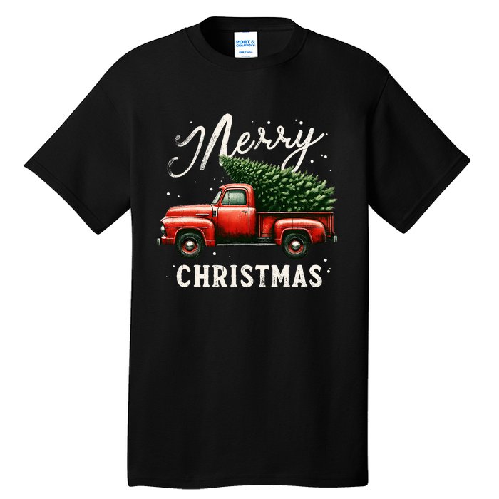 Merry Christmas Tree On Red Truck Wagon Vintage Xmas Tall T-Shirt