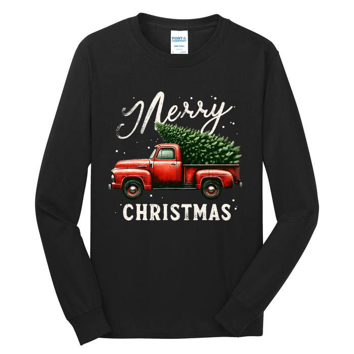 Merry Christmas Tree On Red Truck Wagon Vintage Xmas Tall Long Sleeve T-Shirt