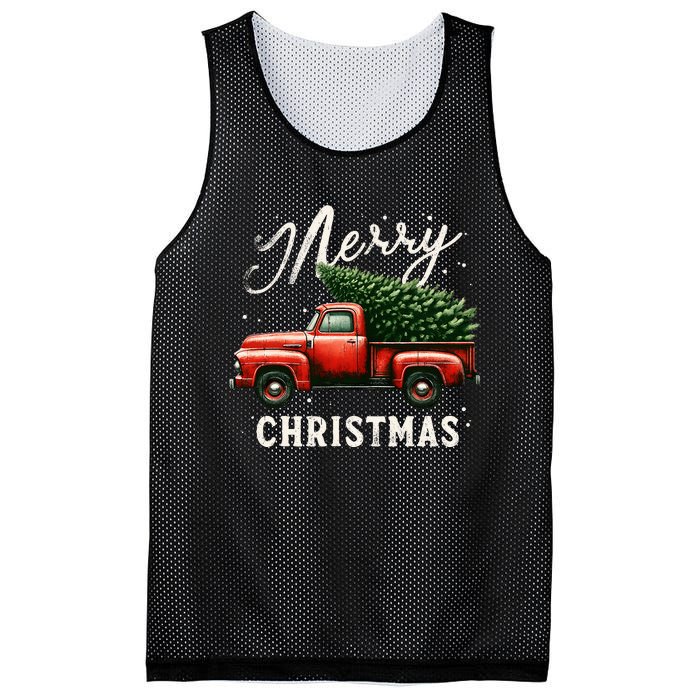 Merry Christmas Tree On Red Truck Wagon Vintage Xmas Mesh Reversible Basketball Jersey Tank