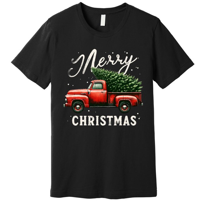 Merry Christmas Tree On Red Truck Wagon Vintage Xmas Premium T-Shirt