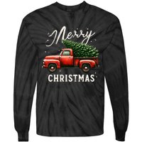 Merry Christmas Tree On Red Truck Wagon Vintage Xmas Tie-Dye Long Sleeve Shirt