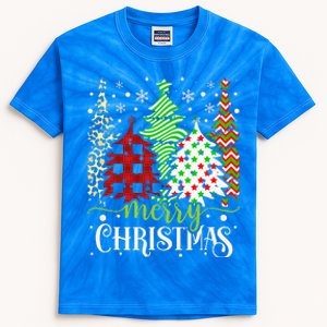 Merry Christmas Trees Leopard Buffalo Red Plaid Kids Tie-Dye T-Shirt