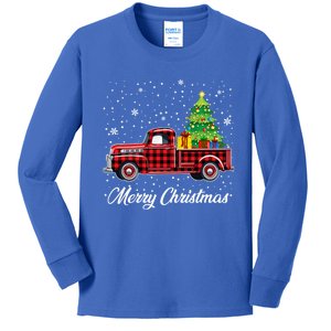 Merry Christmas Tree On Buffalo Plaid Truck Xmas Meaningful Gift Kids Long Sleeve Shirt