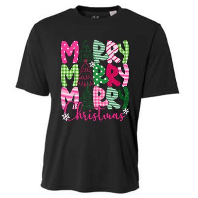 Merry Christmas Tree Lights Pin.K Plaid Christmas Vibes Women Cooling Performance Crew T-Shirt