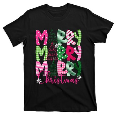 Merry Christmas Tree Lights Pin.K Plaid Christmas Vibes Women T-Shirt