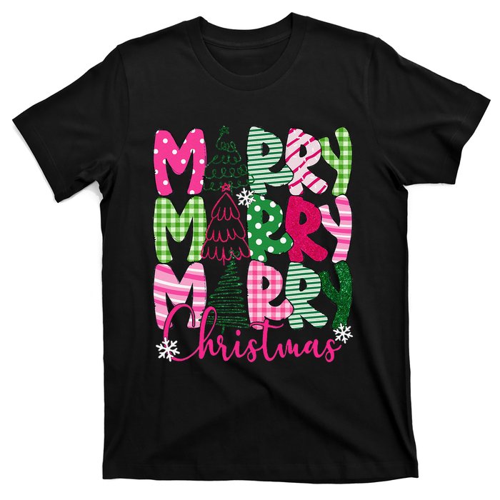 Merry Christmas Tree Lights Pin.K Plaid Christmas Vibes Women T-Shirt