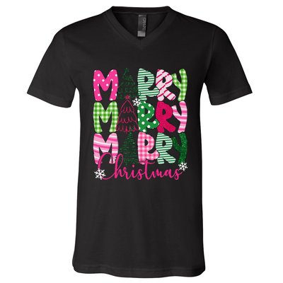 Merry Christmas Tree Lights Pin.K Plaid Christmas Vibes Women V-Neck T-Shirt