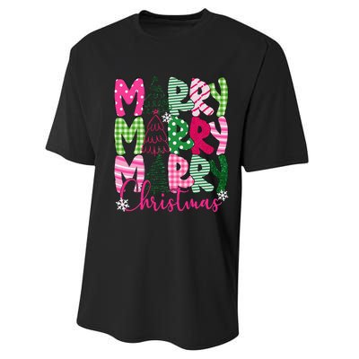 Merry Christmas Tree Lights Pin.K Plaid Christmas Vibes Women Performance Sprint T-Shirt