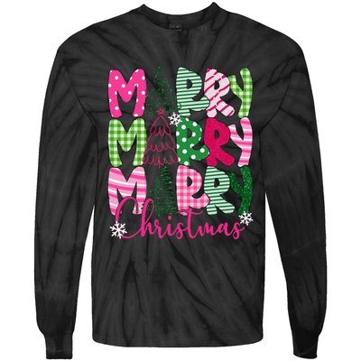 Merry Christmas Tree Lights Pin.K Plaid Christmas Vibes Women Tie-Dye Long Sleeve Shirt