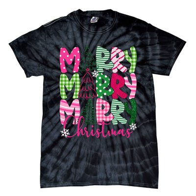 Merry Christmas Tree Lights Pin.K Plaid Christmas Vibes Women Tie-Dye T-Shirt