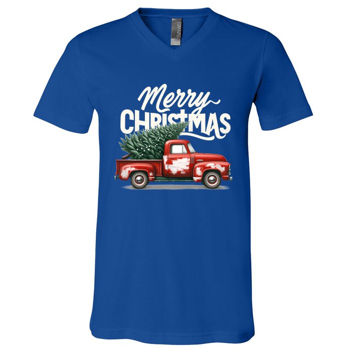 Merry Christmas Tree On Red Car Vintage Wagon Xmas Holiday Great Gift V-Neck T-Shirt